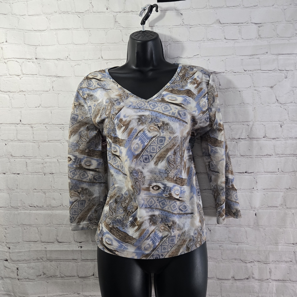 Vtg Y2k CALIFORNIA CONCEPTS micro Mesh Lined Light Blue Paisley Euro Fairy‎ Top